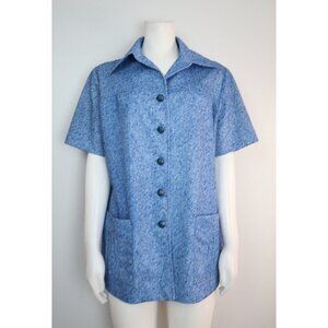 VINTAGE WOMEN'S BLUE SHORT SLEEVE BUTTON-UP TOP - ADDED DIMENSIONS - SIZE 1X